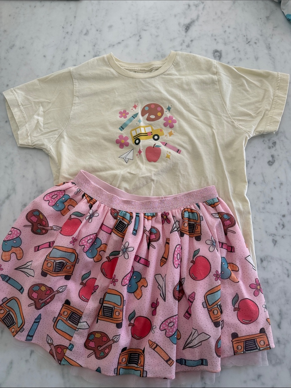 Sweet Wink back to school Matching Set - Cream Graphic Tee & Pink Printed Skirt